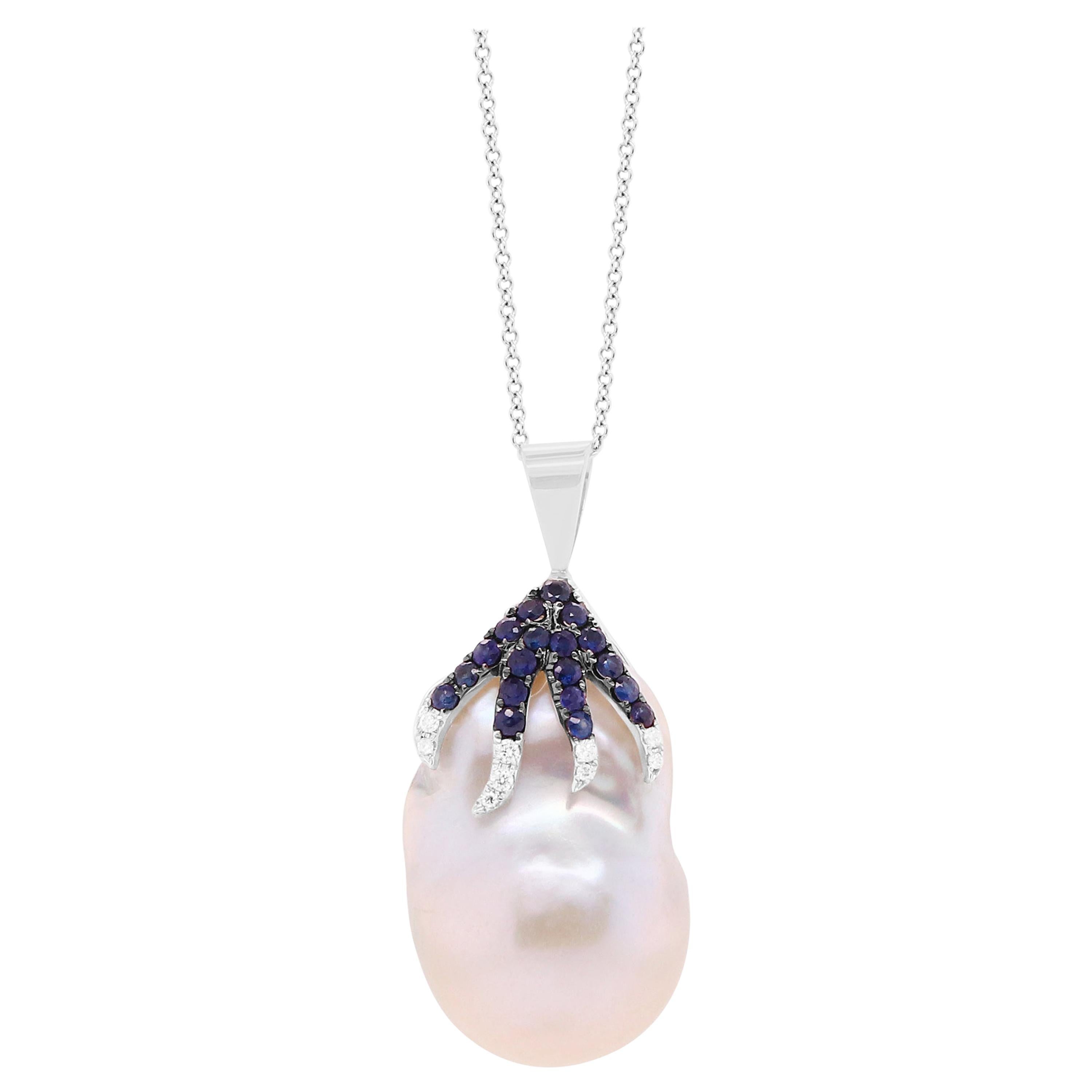 6.58 Carat Pearl, Blue Sapphire, and White Diamond Pendant Necklace 18K Gold For Sale