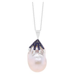 6.58 Carat Pearl, Blue Sapphire, and White Diamond Pendant Necklace 18K Gold