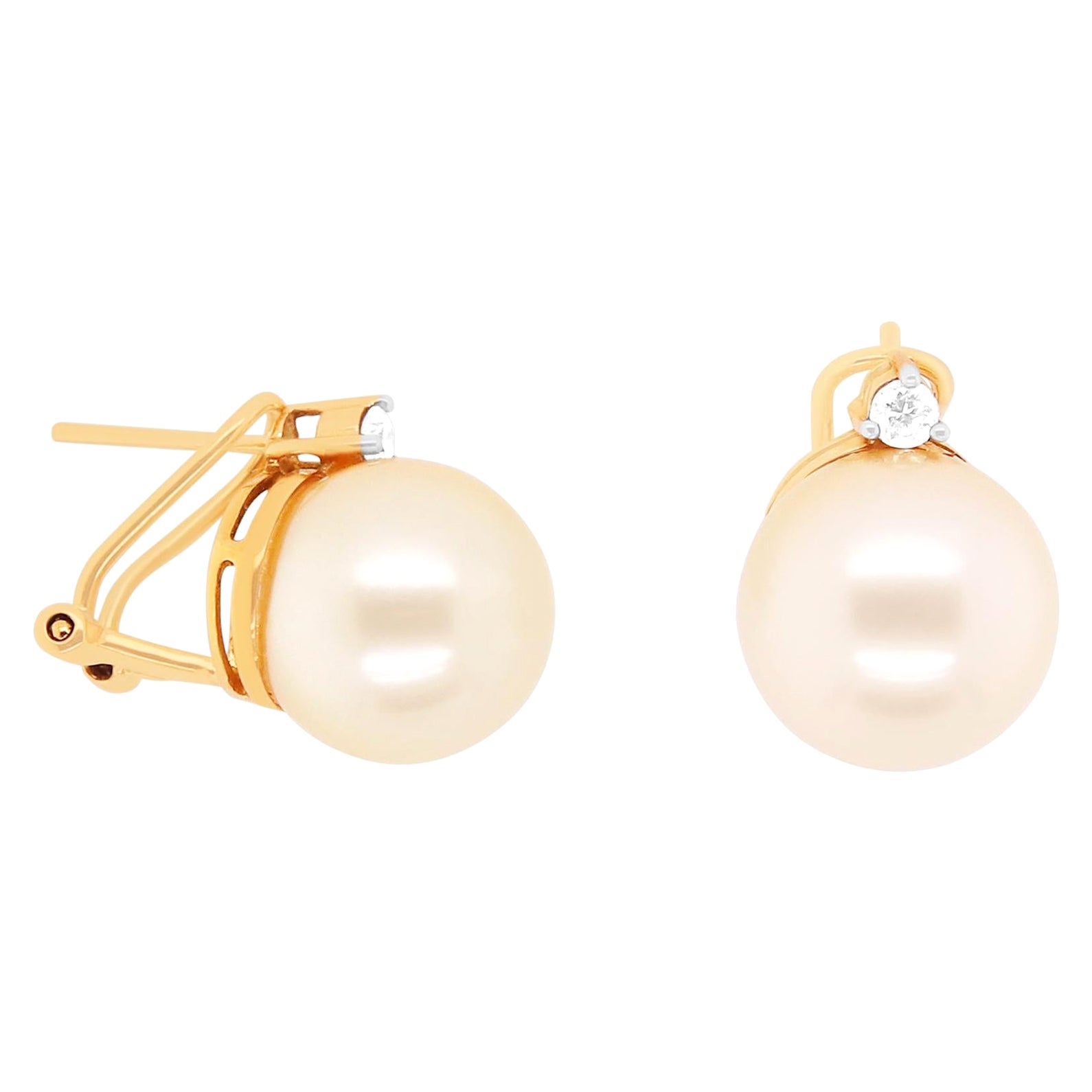 12 mm Pearl and White Round Diamond Fashion Dangle Earrings 18K Yellow Gold  For Sale