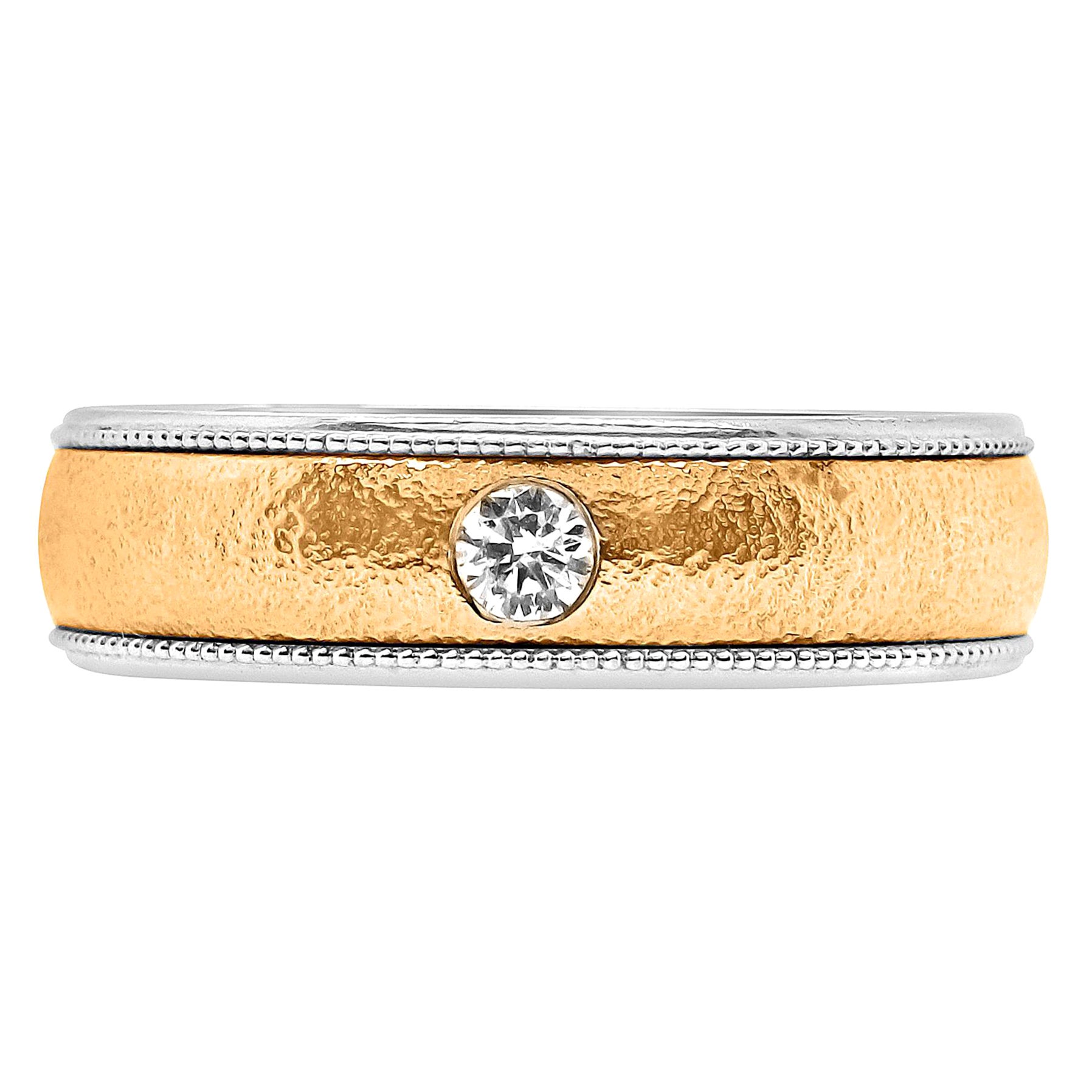 Round Diamond Bezel Set Cigar Ring Band 14K White and Rose Gold Men and Women For Sale