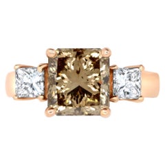 Natural Princess Cut Center Cognac Mounting Round White 14K Diamond Fashion Ring