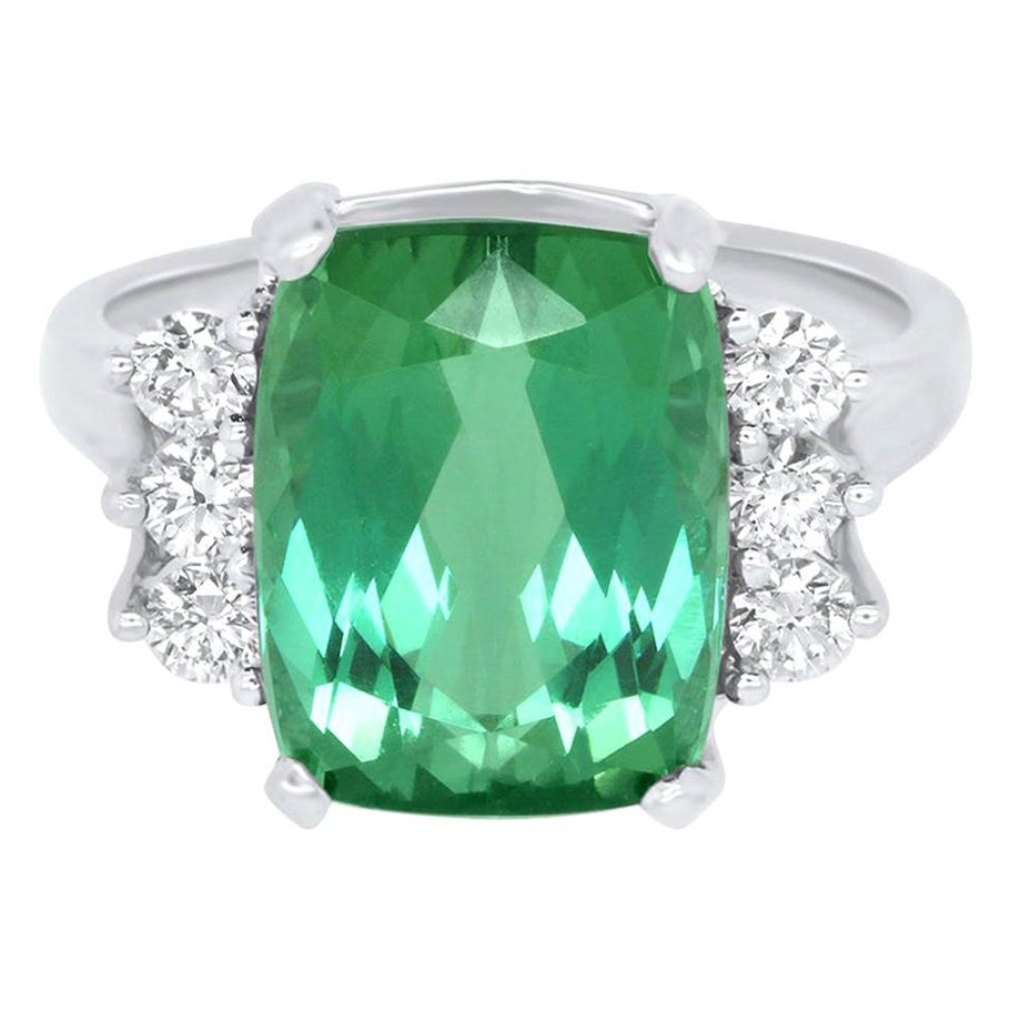 7.31 Carat Green Tourmaline and White Diamond Engagement Ring 14K White Gold For Sale