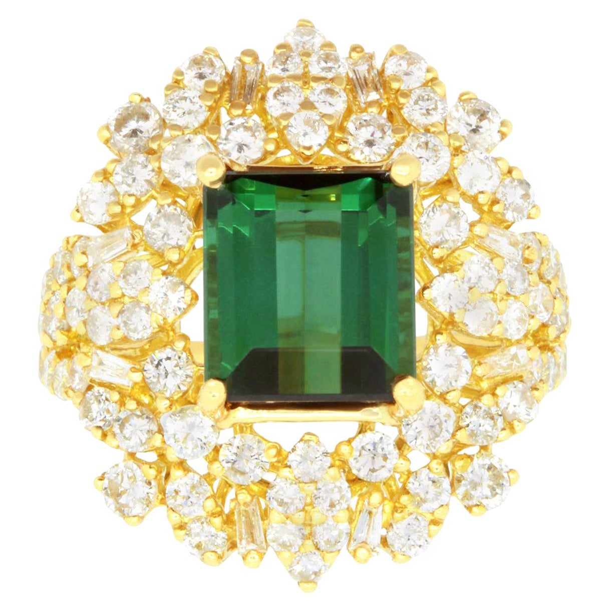 Emerald Cut Green Tourmaline and 2.08 Carat White Diamond Ring 18K Yellow Gold  For Sale
