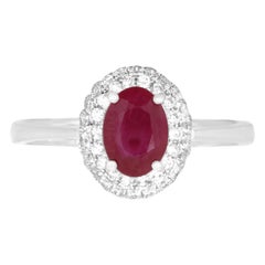 Oval Ruby and White Diamond Fashion Halo Engagement Ring 14K White Gold