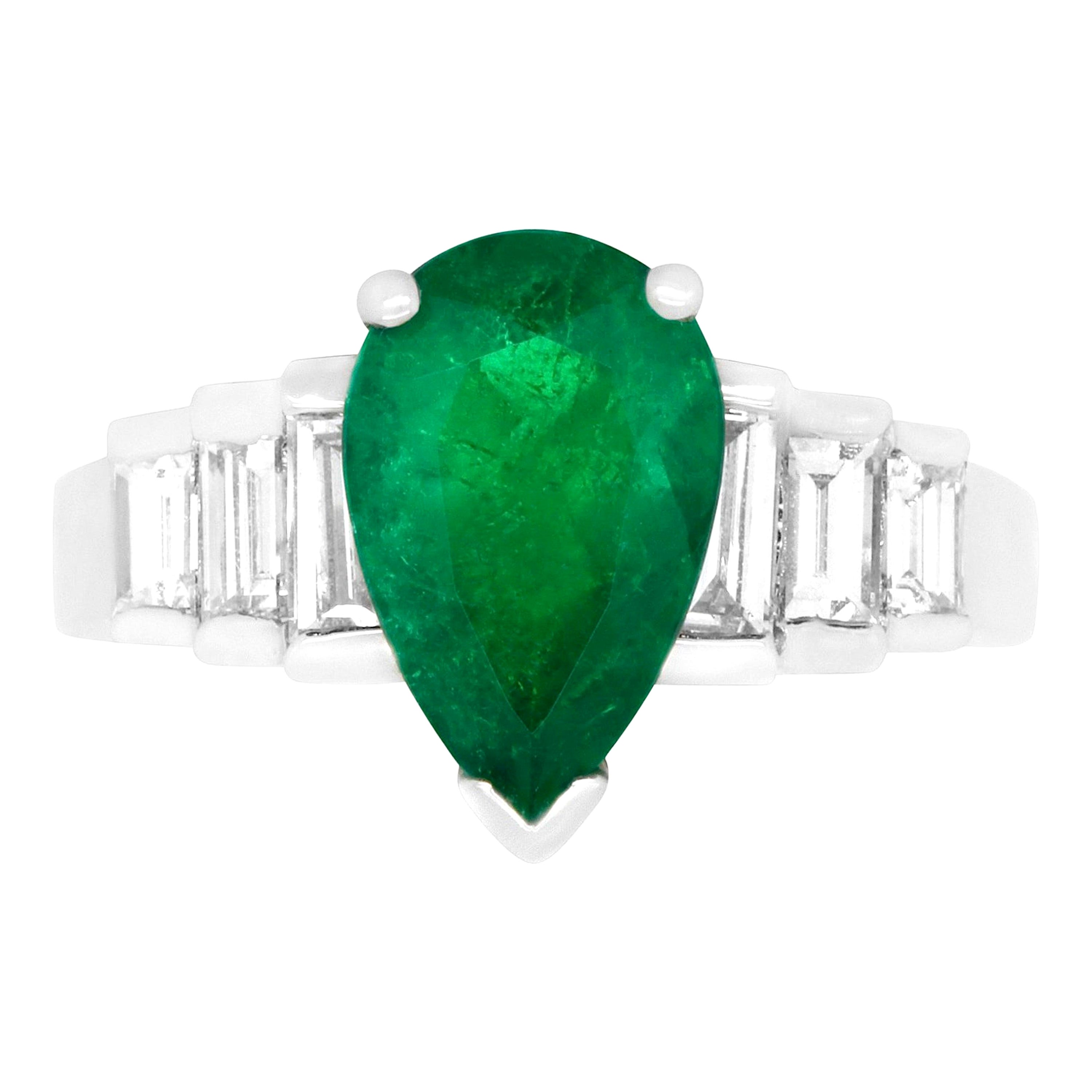 Pear Natural Emerald Graduating Baguette White Diamond Step Ring 18K White Gold
