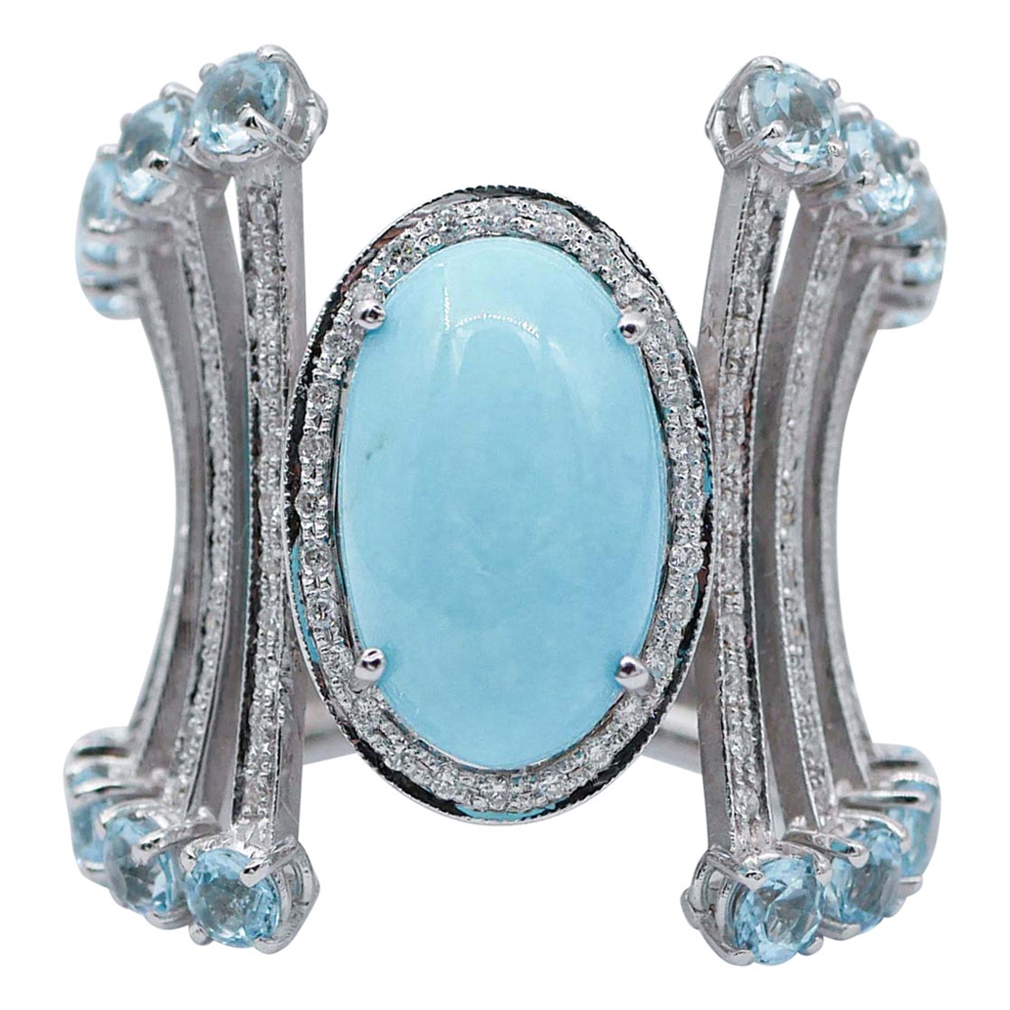 Turquoise, aigue-marine, diamants, bague en or blanc 18 carats