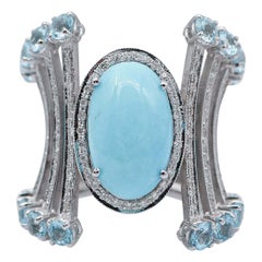 Vintage Turquoise, Aquamarine, Diamonds, 18 Karat White Gold Ring