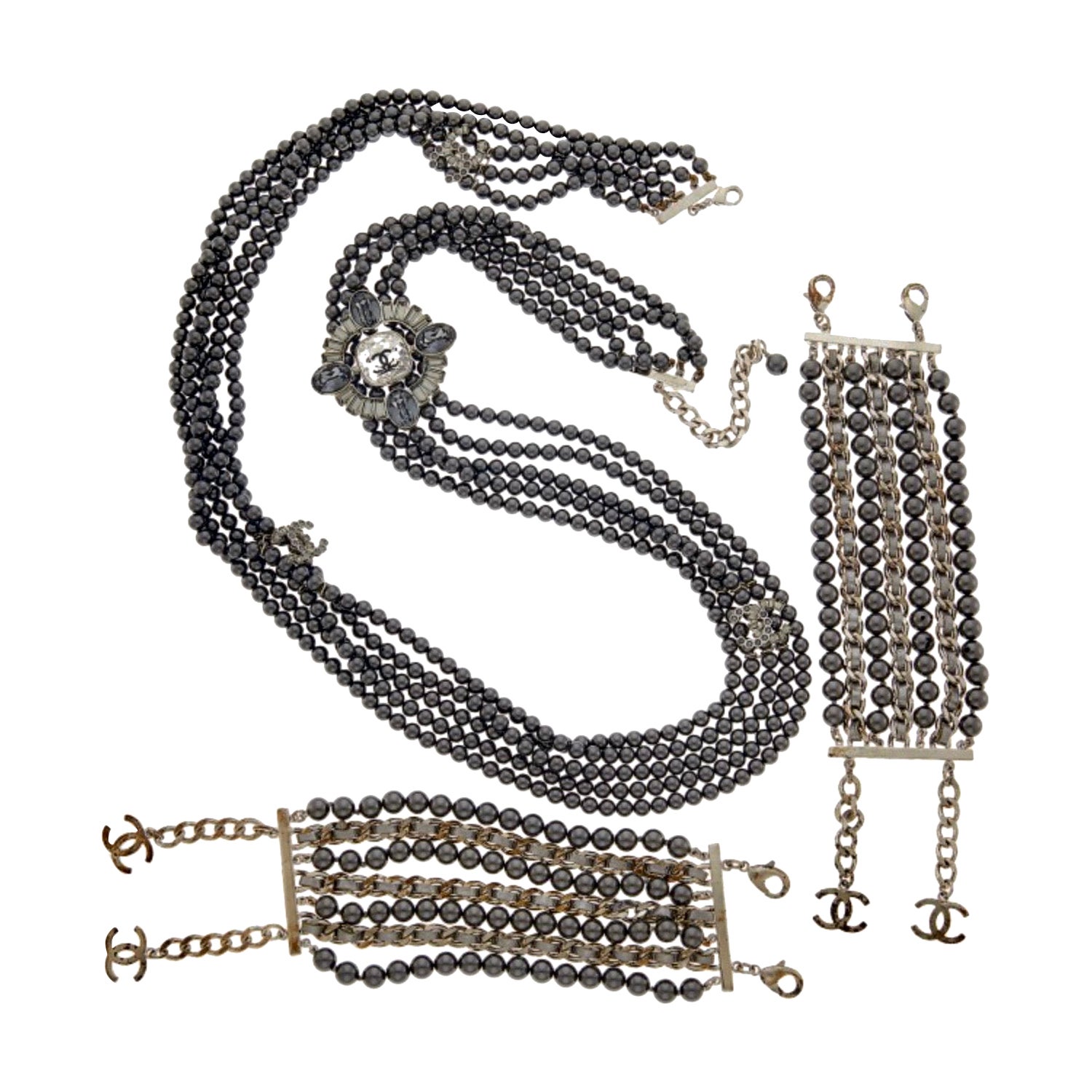 Chanel CC Multistrand Black Pearl Rhinestone Necklace and 2 Bracelets Box Pouch