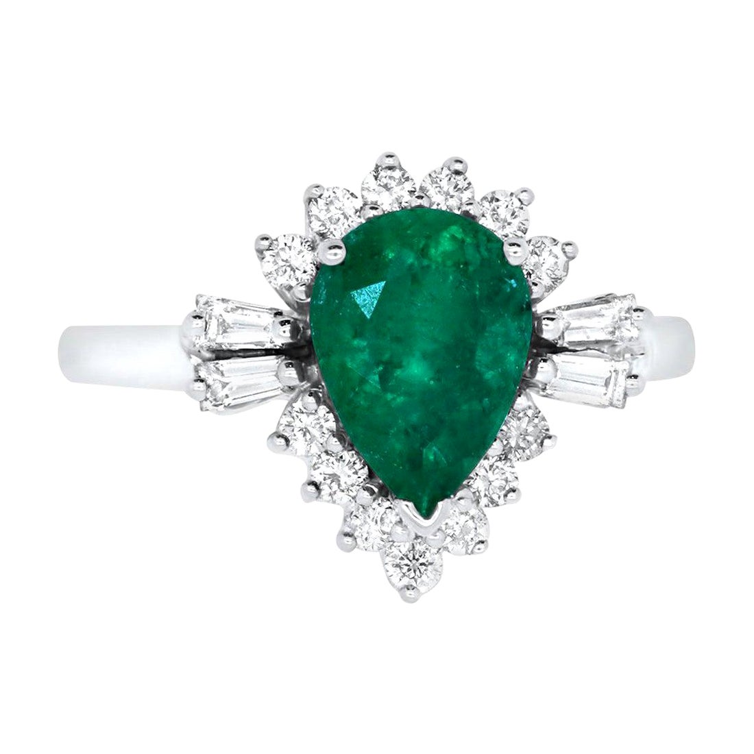Pear Shape Natural Emerald Engagement Ring Baguette Round Halo 14k White Gold