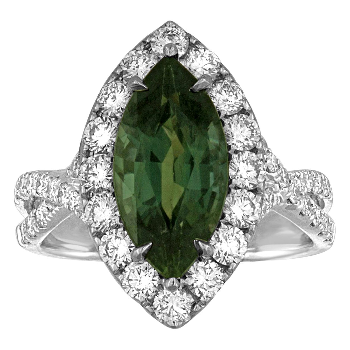 Bague en or avec diamants et saphir bleu vert marquise certifié 3,87 carats, sans chaleur