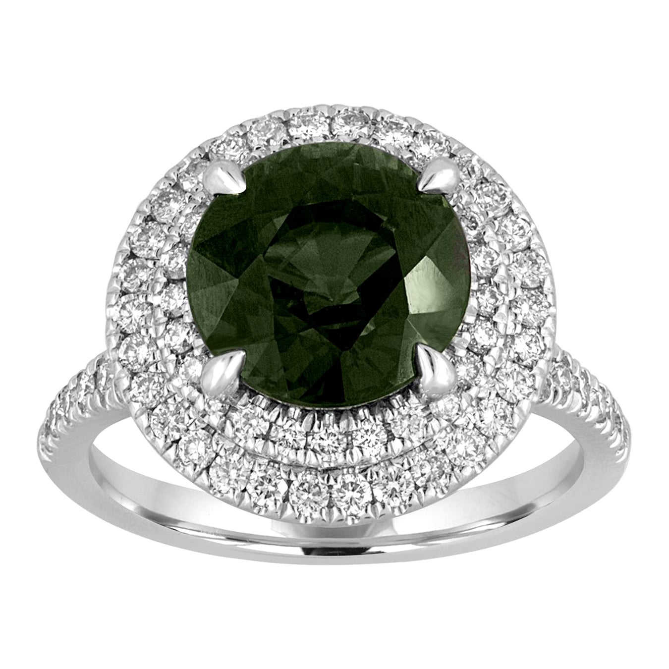 Certified No Heat 5.27 Carat Bluish Green Sapphire Double Halo Diamond Gold Ring For Sale