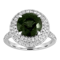 Certified No Heat 5.27 Carat Bluish Green Sapphire Double Halo Diamond Gold Ring