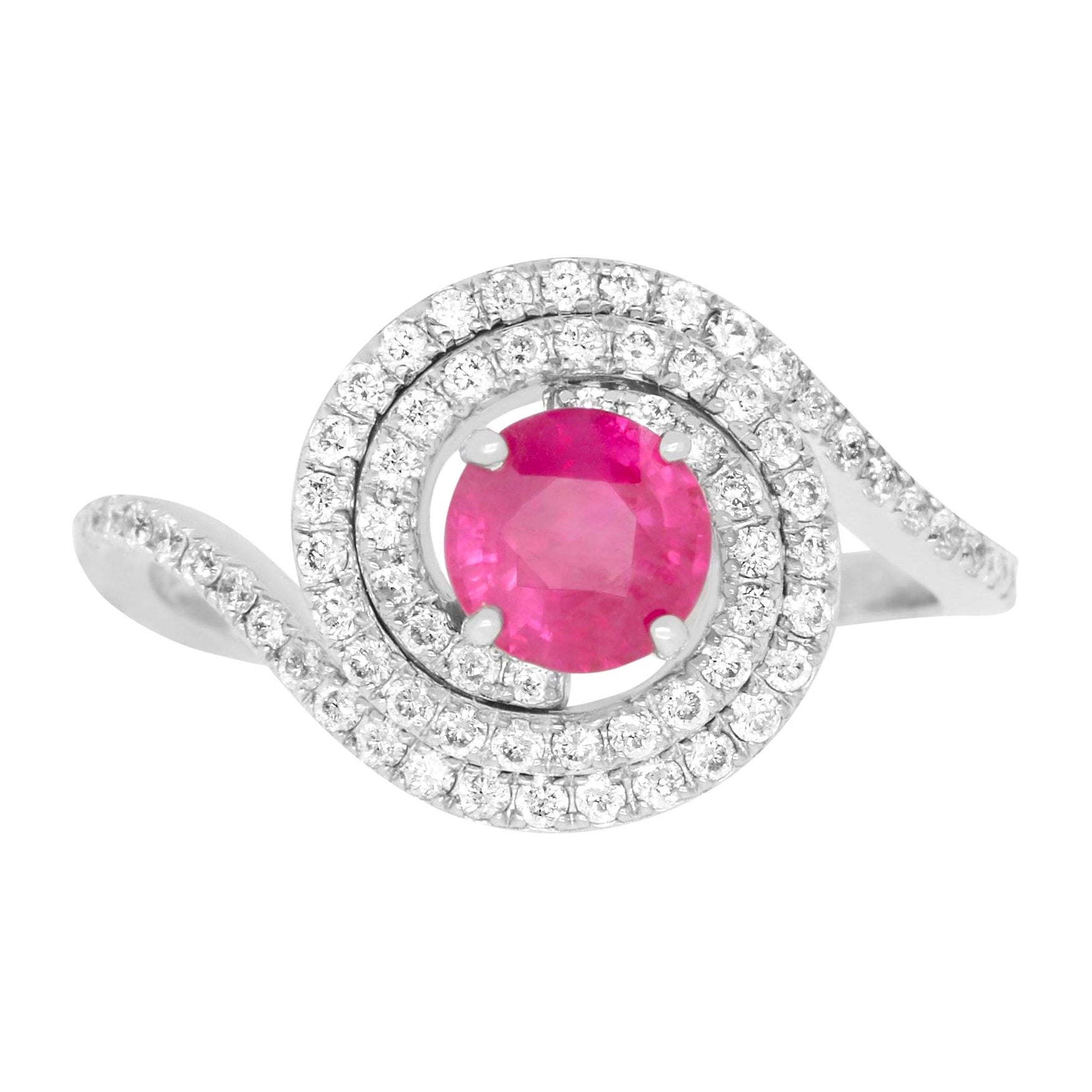 Round Pink Natural Ruby White Diamond Double Halo Ring 14K White Gold For Sale