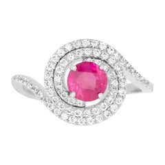 Round Pink Natural Ruby White Diamond Double Halo Ring 14K White Gold