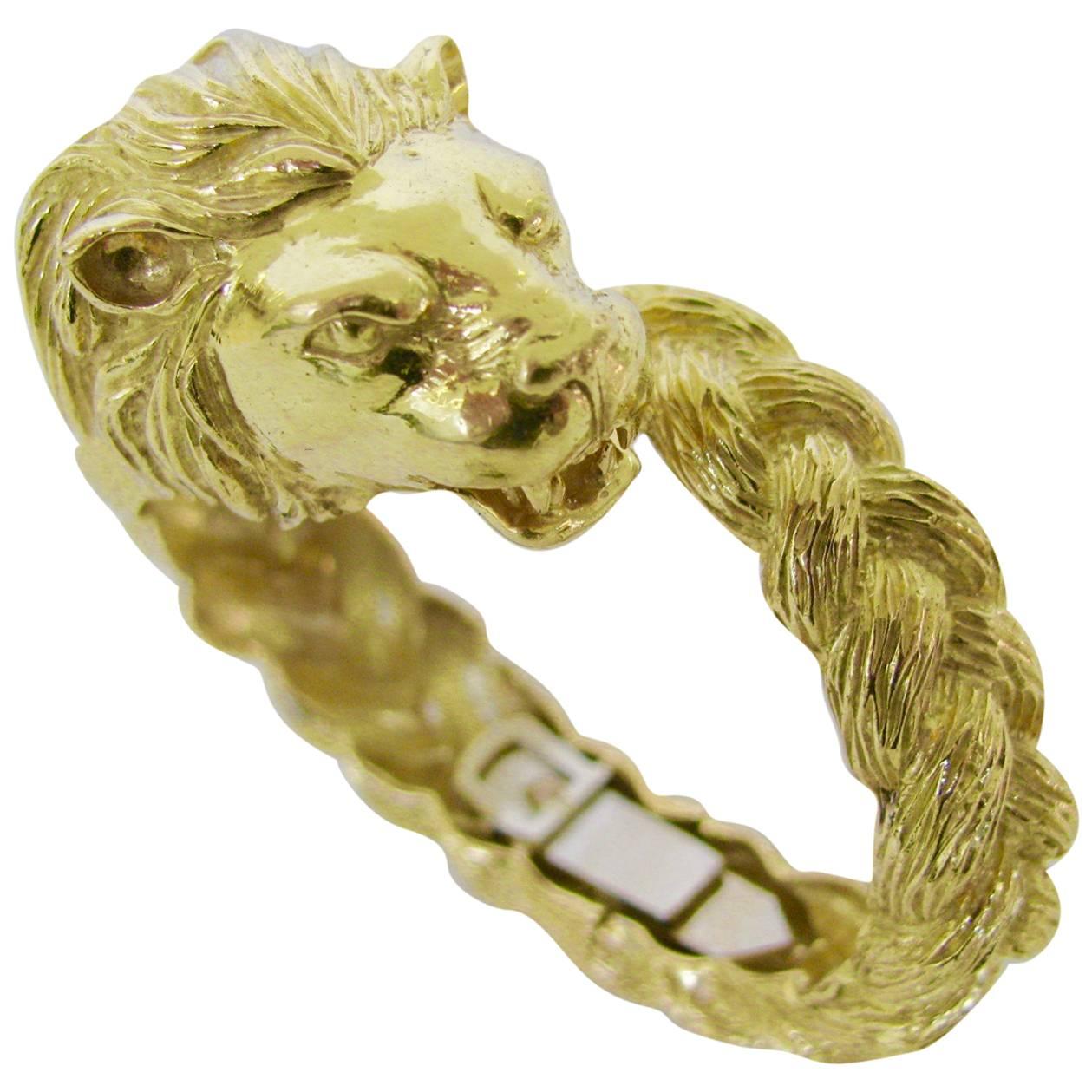 Gold Lion Head Zodiac Bangle Bracelet, circa 1970