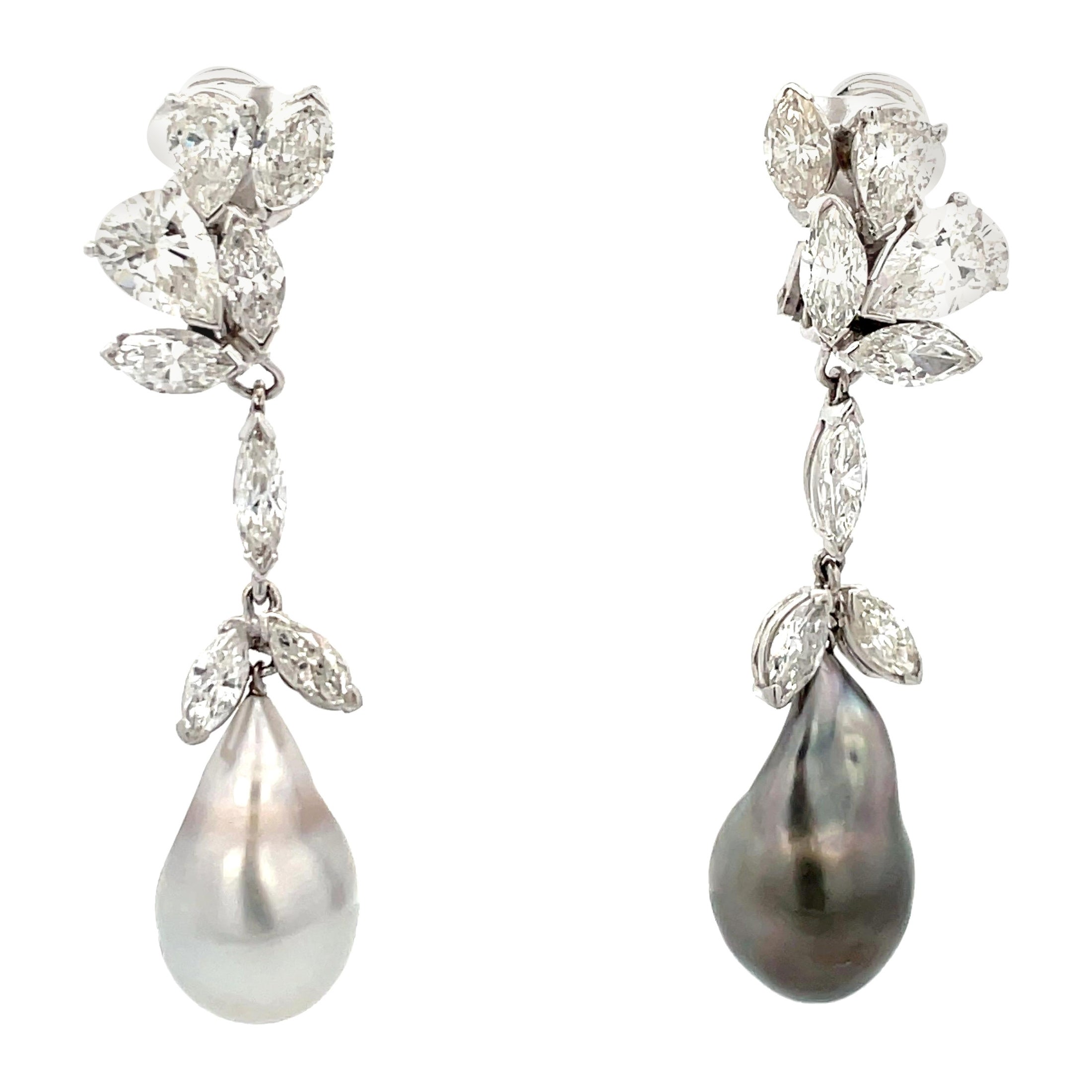 Marquise Pear Diamond Cluster Drop Earrings Baroque Tahitian & South Sea Pearl For Sale