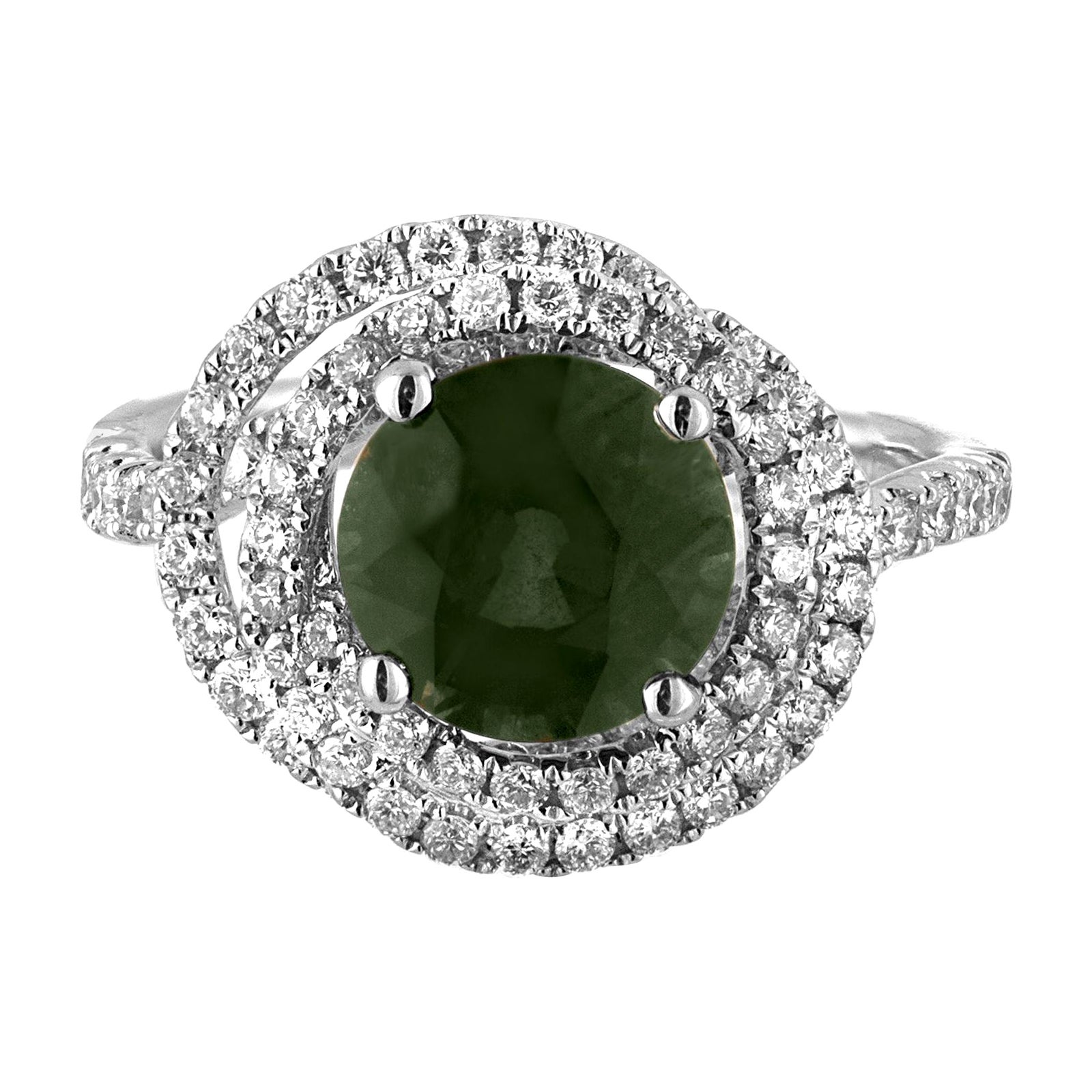 Certified 2.80 Carat No Heat Round Bluish Green Sapphire Diamond Gold Ring For Sale