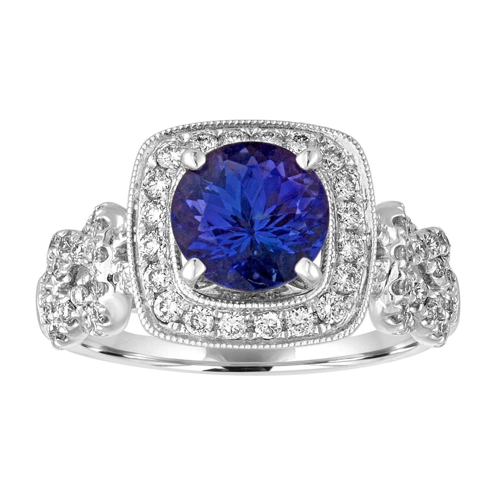 Bague en or avec tanzanite ronde de 1,59 carat et halo de diamants carrés milgrain