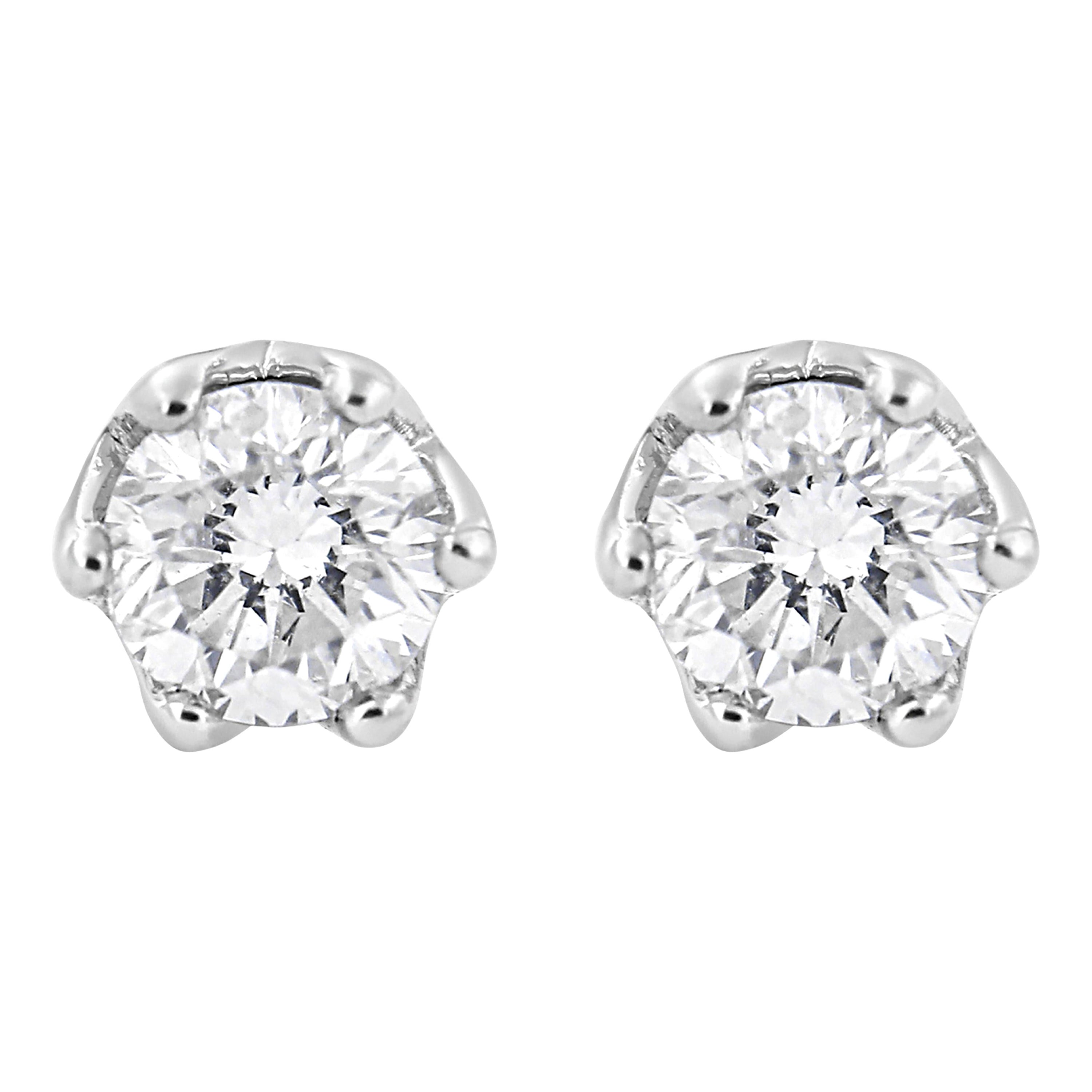 14K White Gold 1/2 Carat Round Diamond 6 Prong Crown Stud Earrings For Sale