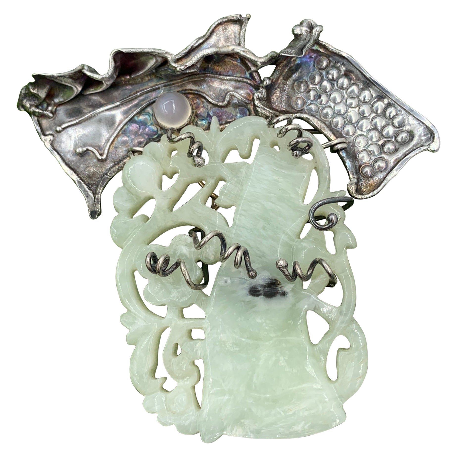 Modernist Carved Jade Moonstone Brooch Pin Silver Brutalist Modern Art For Sale