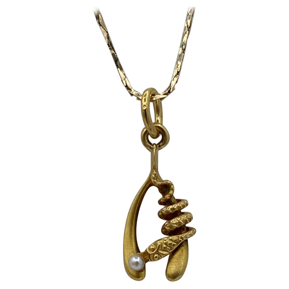 Snake Wishbone Pearl Egg Pendant Necklace Good Luck Antique Victorian Gold For Sale