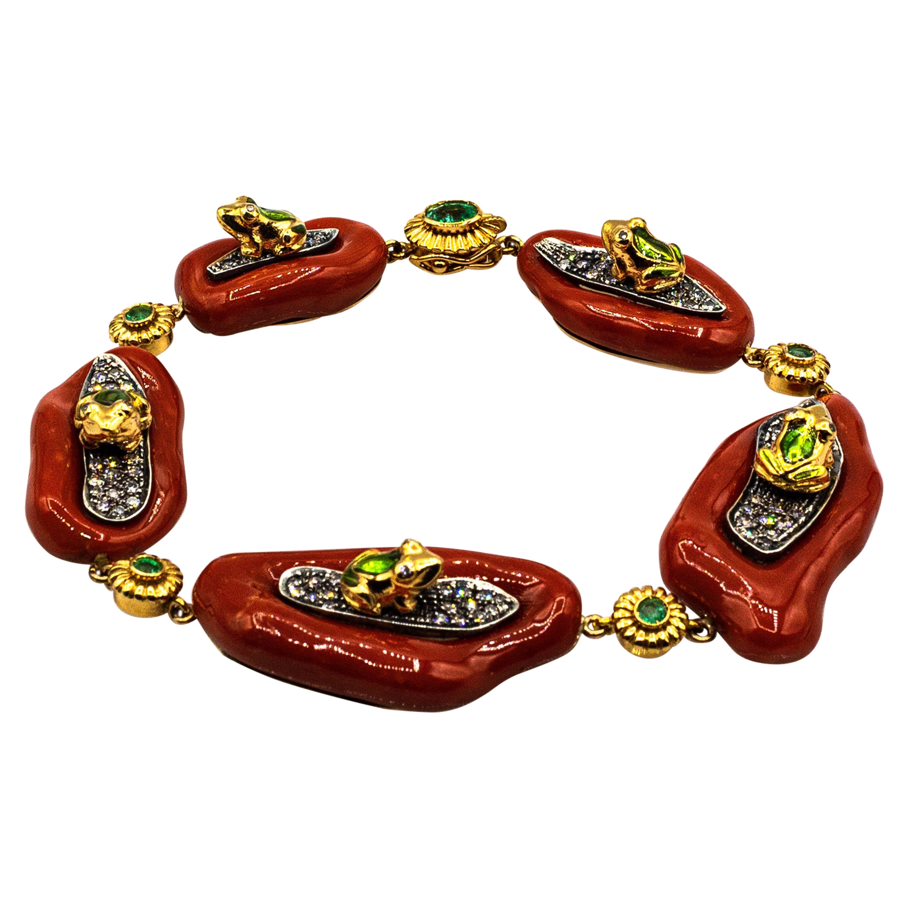 Bracelet grenouilles méditerranéen en or jaune, corail rouge, diamant blanc et émeraude