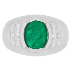2.40 Carat Oval Emerald 0.02 Carat White Diamond Men Ring Band 14K White Gold