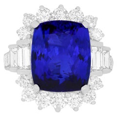 12.48 Carat Cushion Cut Tanzanite and White Baguette Diamond Ring 18K White Gold