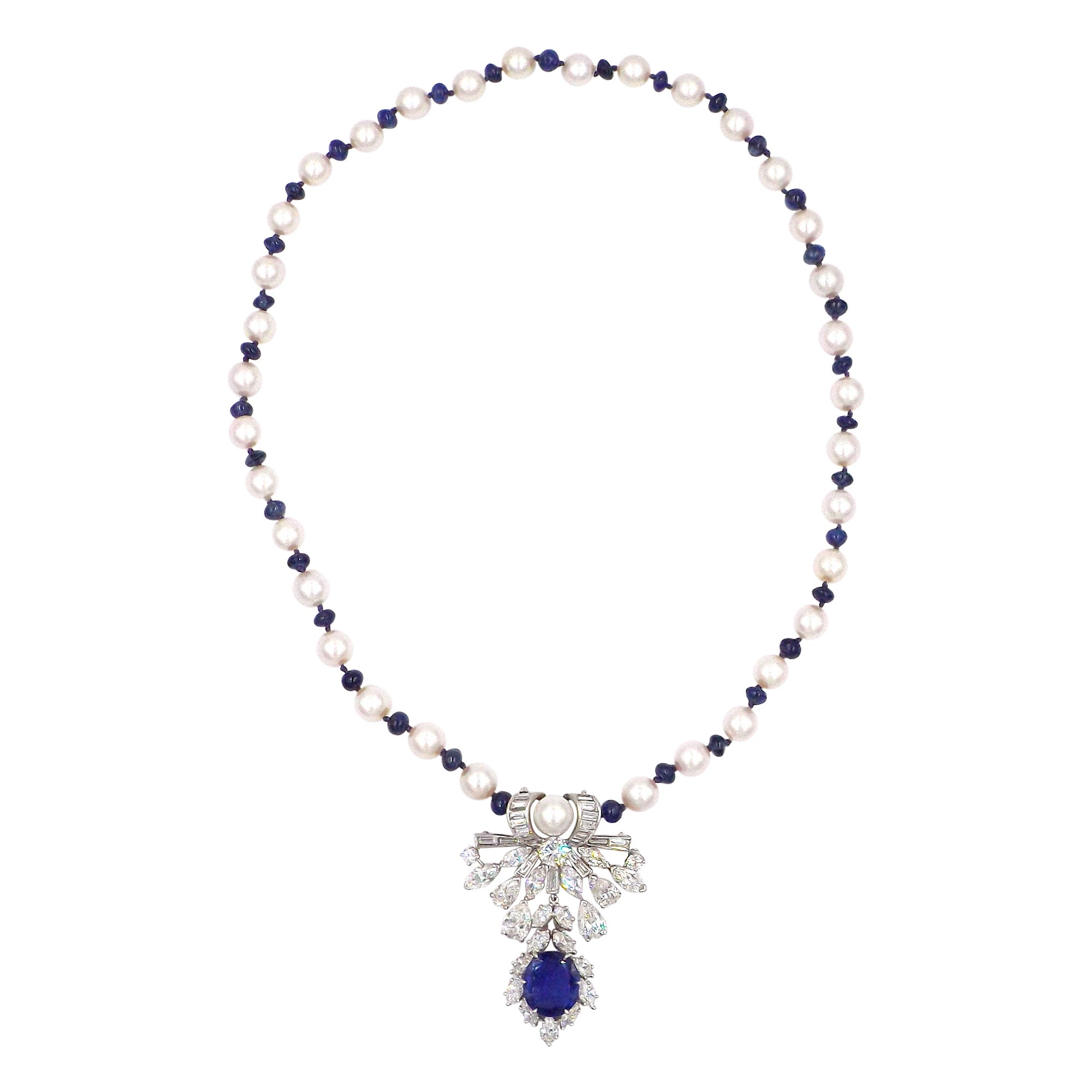 Ceylon Sapphire Diamond Cultured Pearl Pendant Brooch Necklace