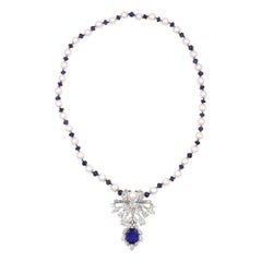 Ceylon Sapphire Diamond Cultured Pearl Pendant Brooch Necklace