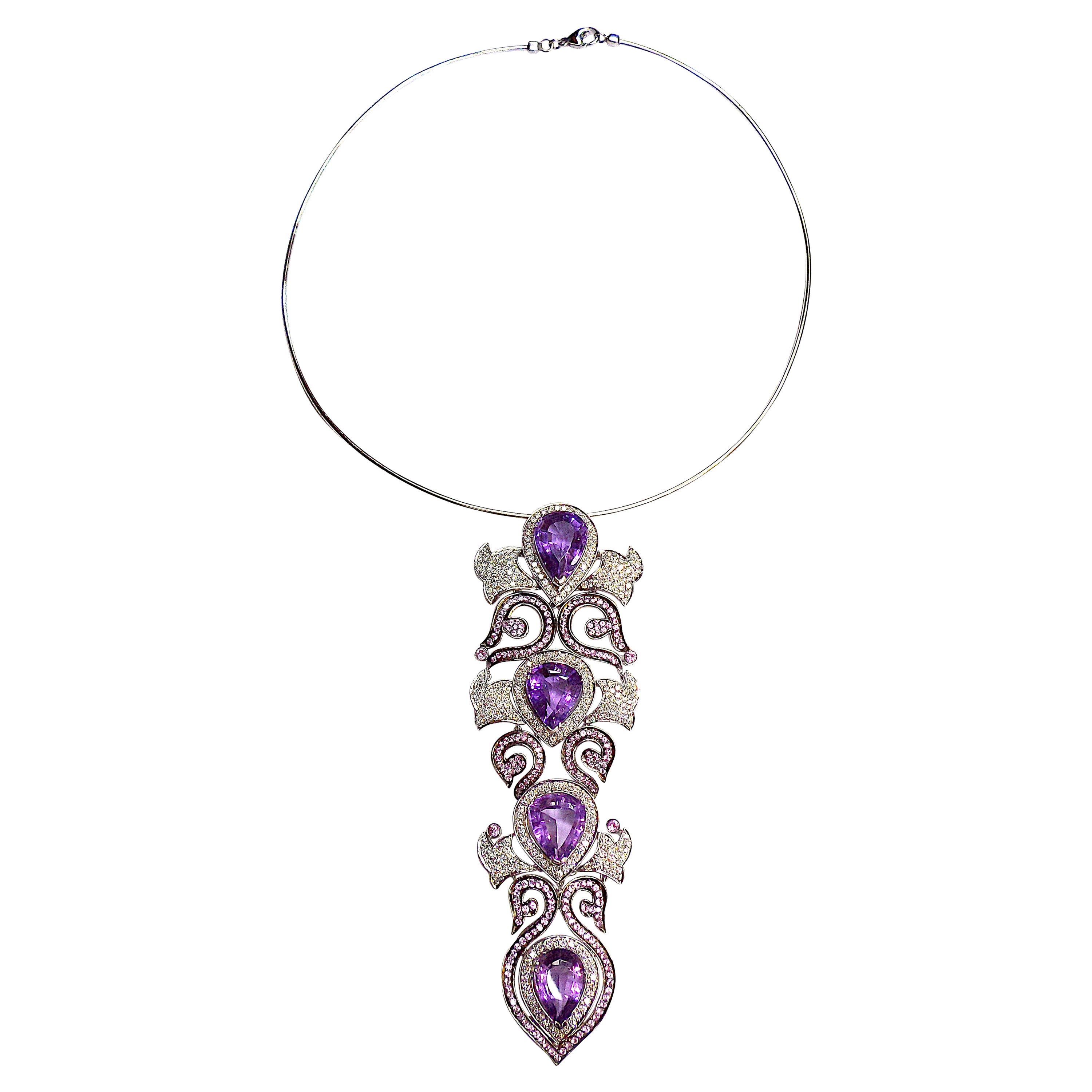 18K White Gold Amethyst Pink Sapphire Diamond Collar Pendant Necklace For Sale