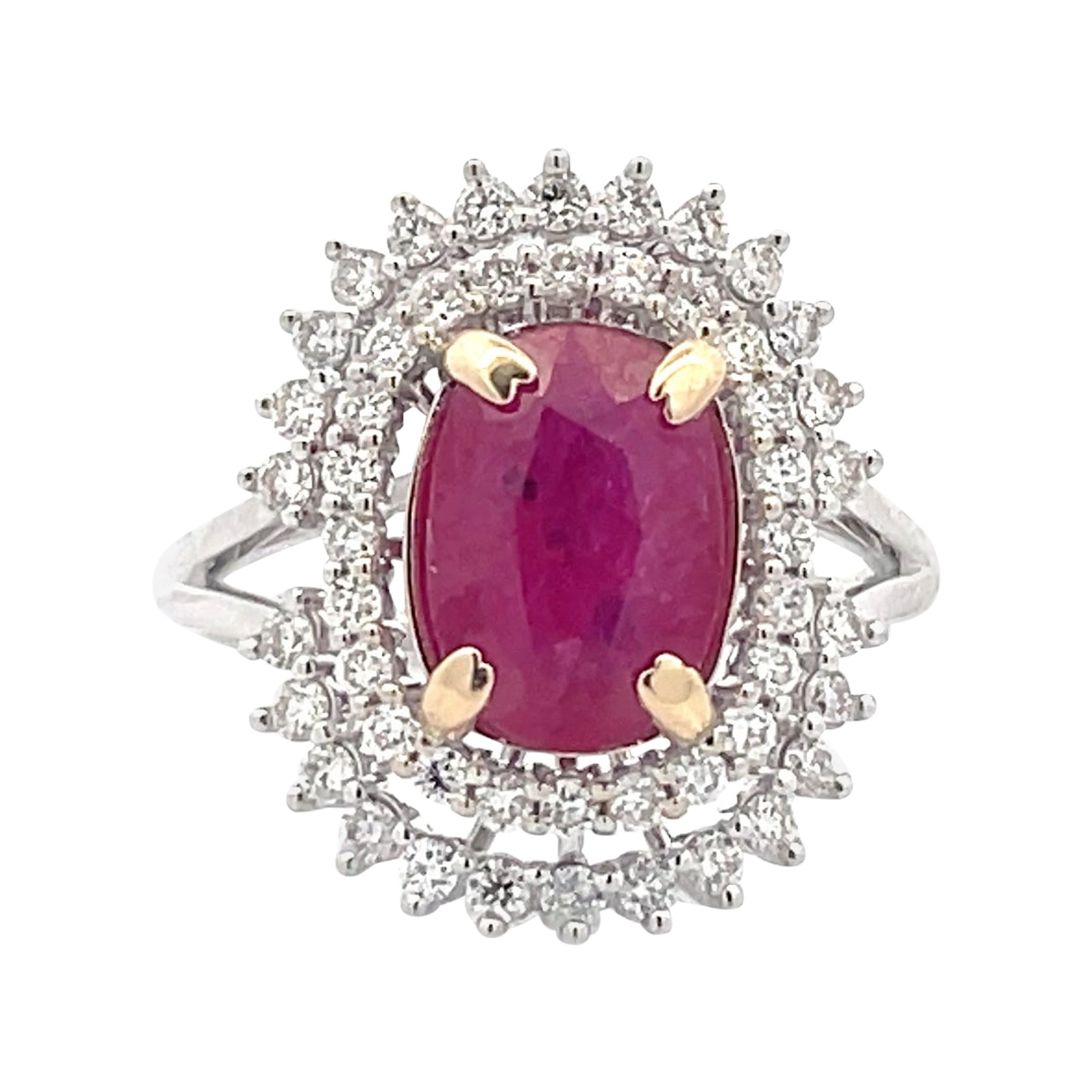 3.0 Ct. Oval Cut Ruby with Floral Diamond Cluster Engagement Ring in 14k Gold