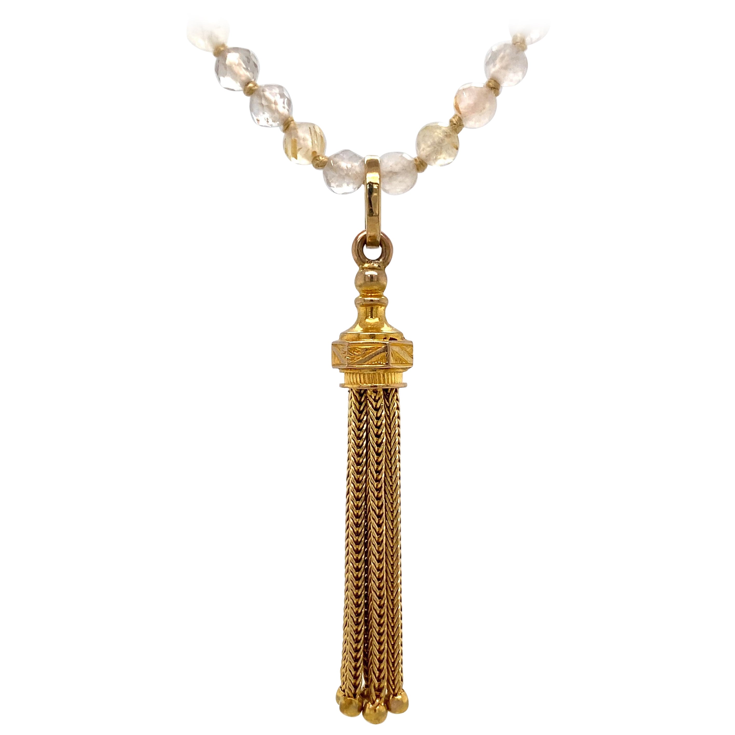 Gold Early 20th Century Tassel Fob on String of Rutilated Quartz Beads