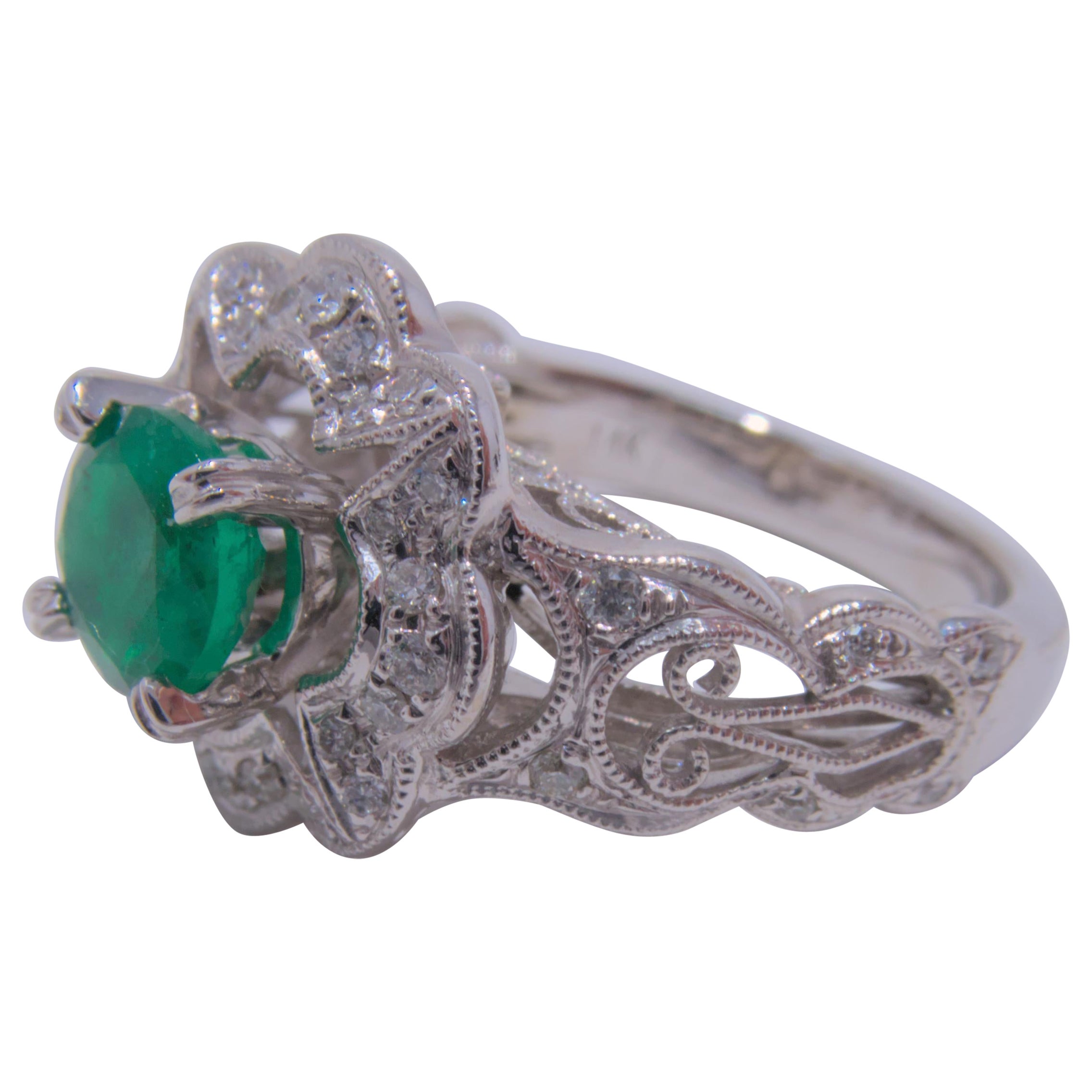 14k White Gold Fancy Round Emerald and Diamond Ring For Sale