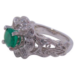 14k White Gold Fancy Round Emerald and Diamond Ring