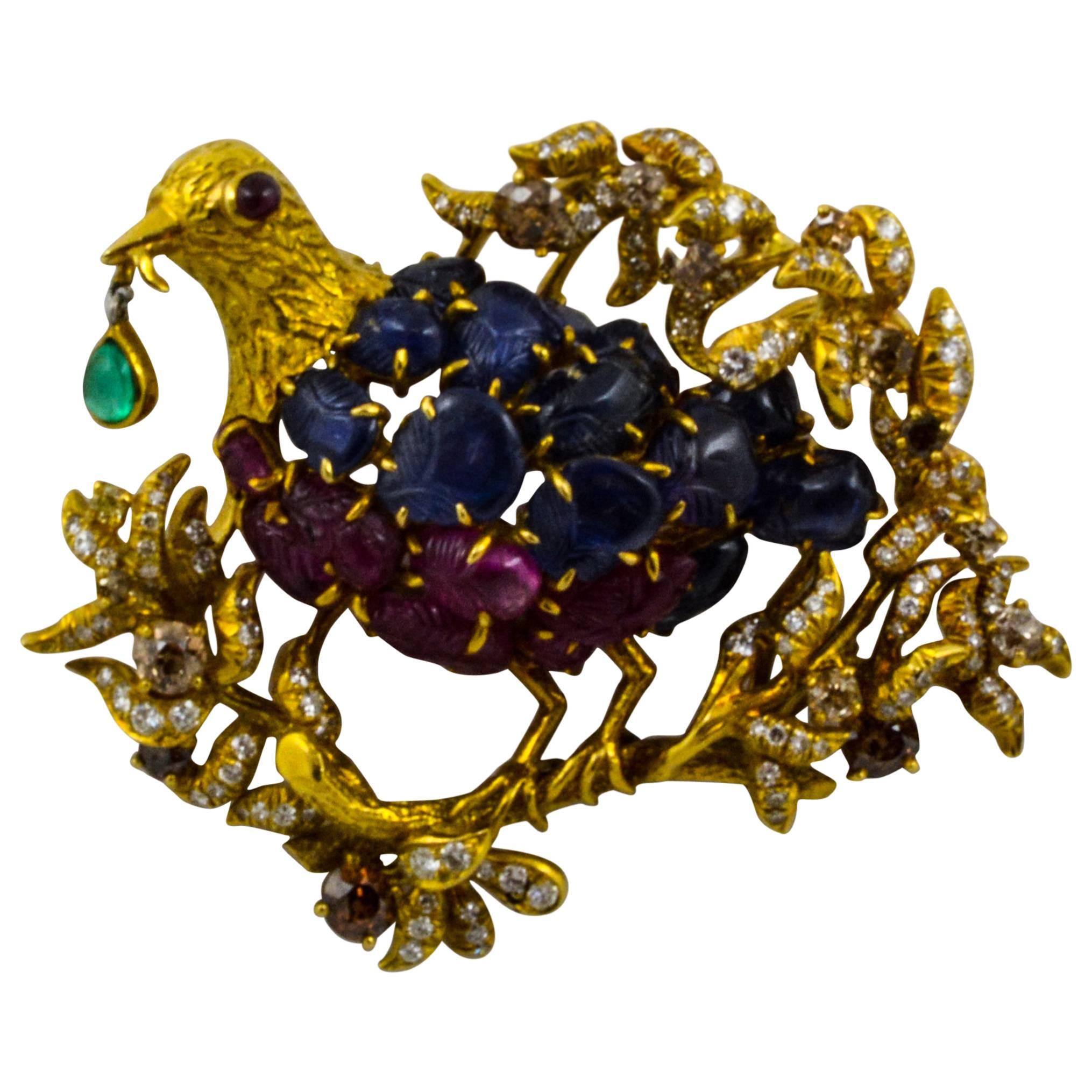 Julius Cohen Sapphire Ruby Emerald Diamond Gold Bird Brooch