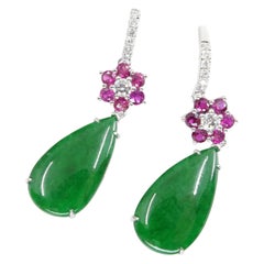 Certified Natural Jade, Burma Ruby & Diamond Drop Earrings. Full Bright Green.