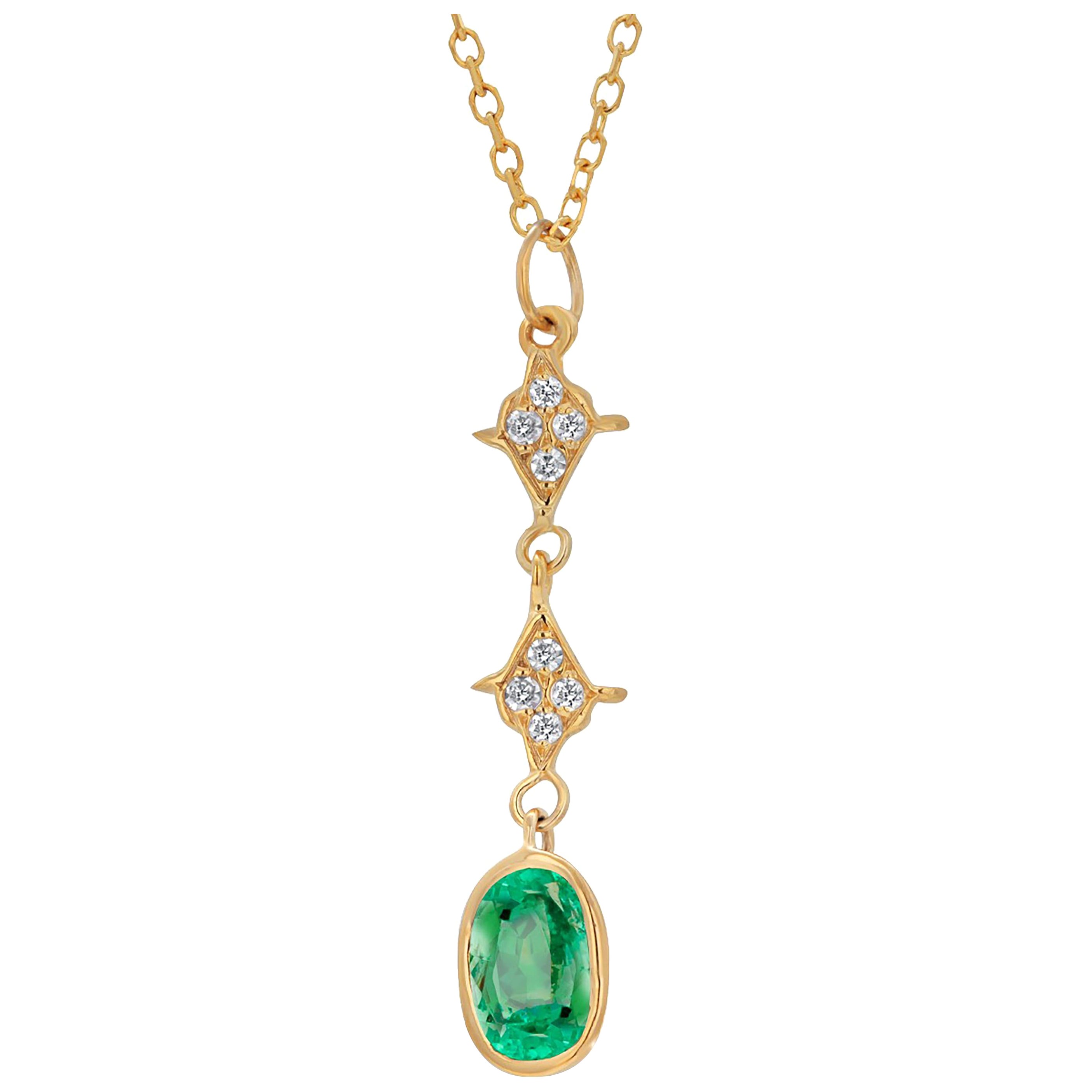 Oval Shaped Emerald and Diamond 1.10 Carat Lariat  Gold 16 Inch Necklace Pendant