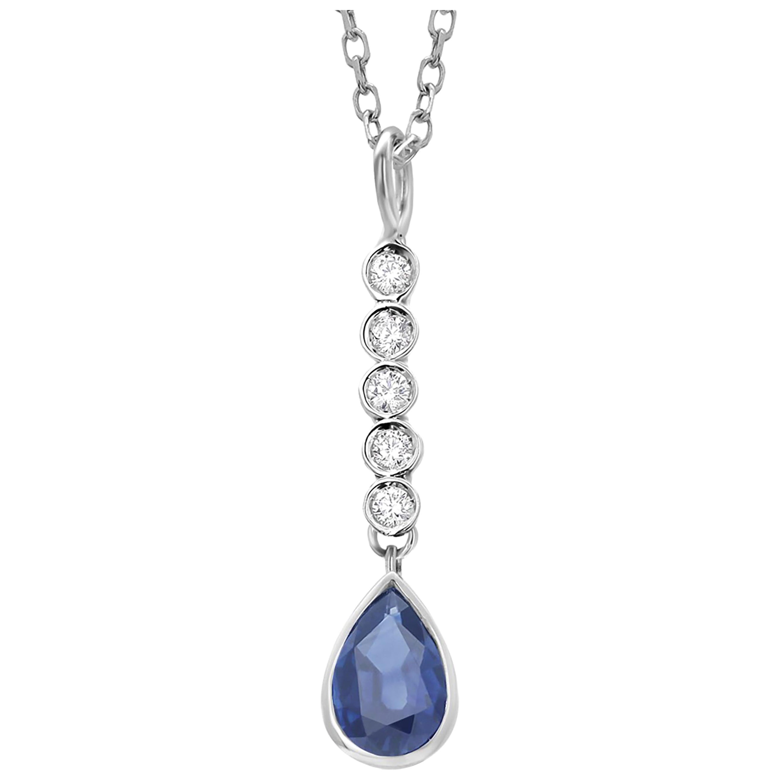 Pear Shaped Sapphire and Diamond Lariat Drop Gold Necklace Pendant