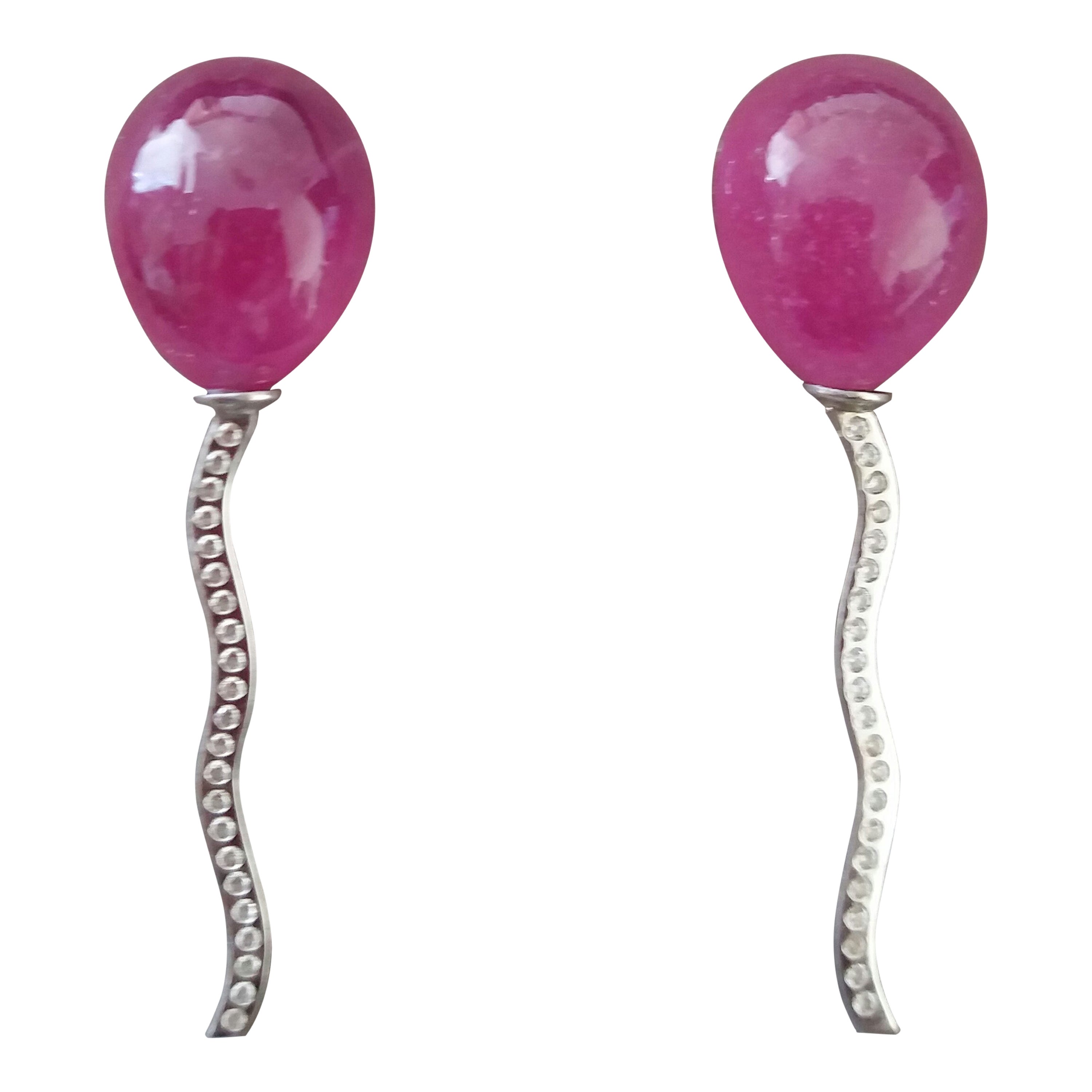 Balloon Style Pear Shape Natural Ruby Cabs Diamonds 14K White Gold Stud Earrings For Sale