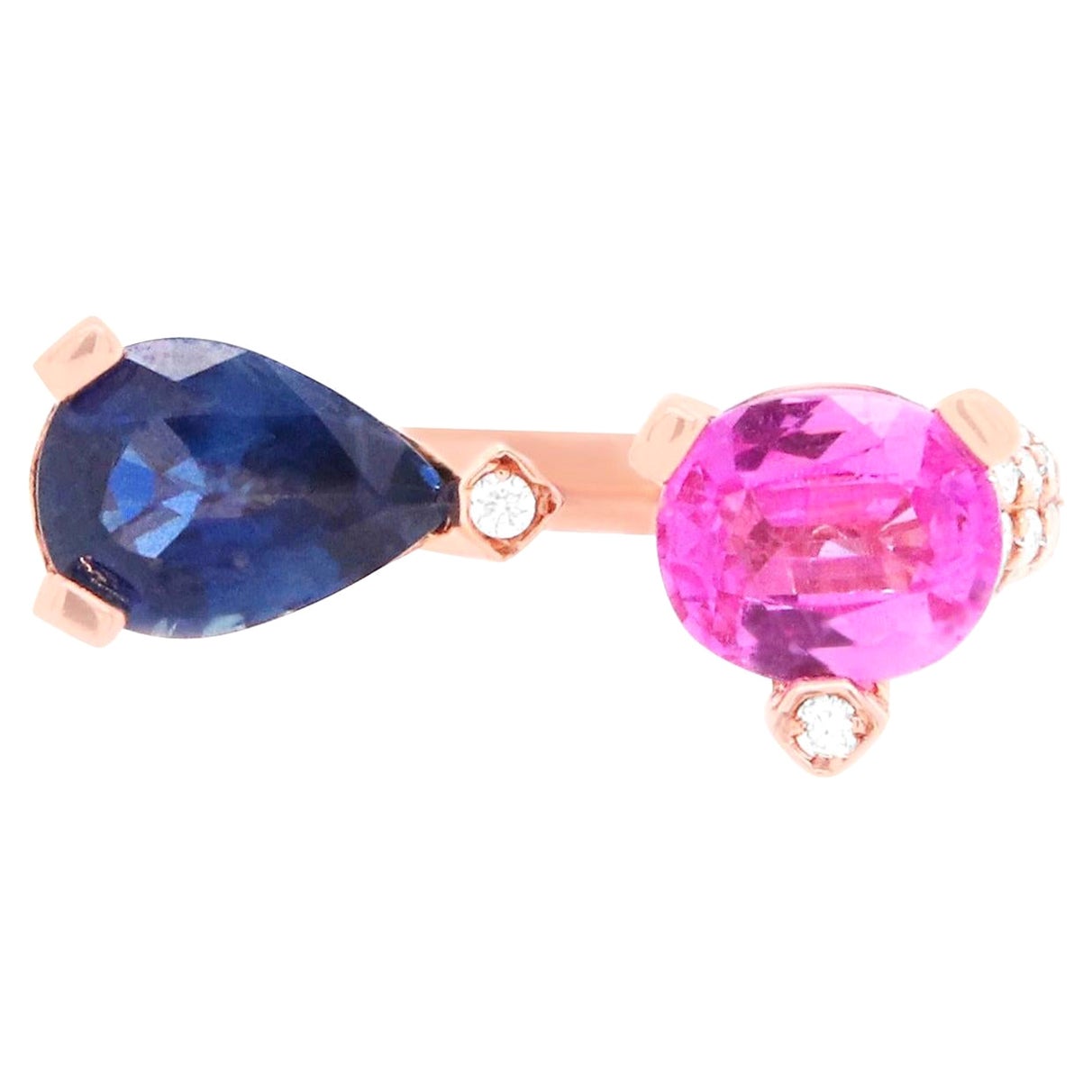 1.06 Carat Two-Stone Pink Sapphire, Blue Sapphire, and Diamond Rose Gold Ring For Sale