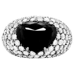 Heart Shape Cabochon Black White Diamond Cocktail Dome Ring 14K Gold Rhodium