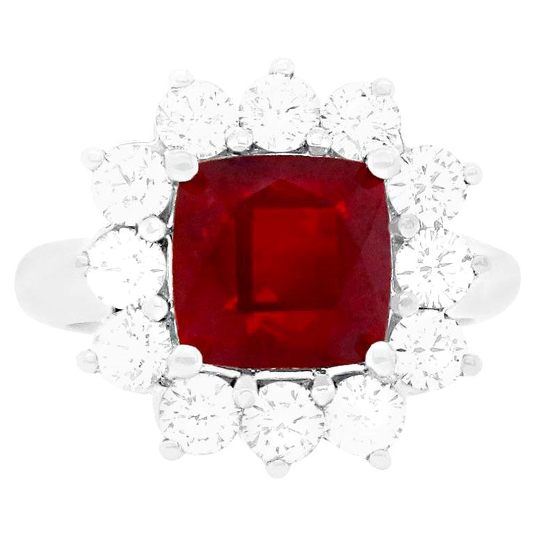 4.2 Carat Cushion Ruby Round Diamond Halo Engagement Ring 18K White Gold For Sale