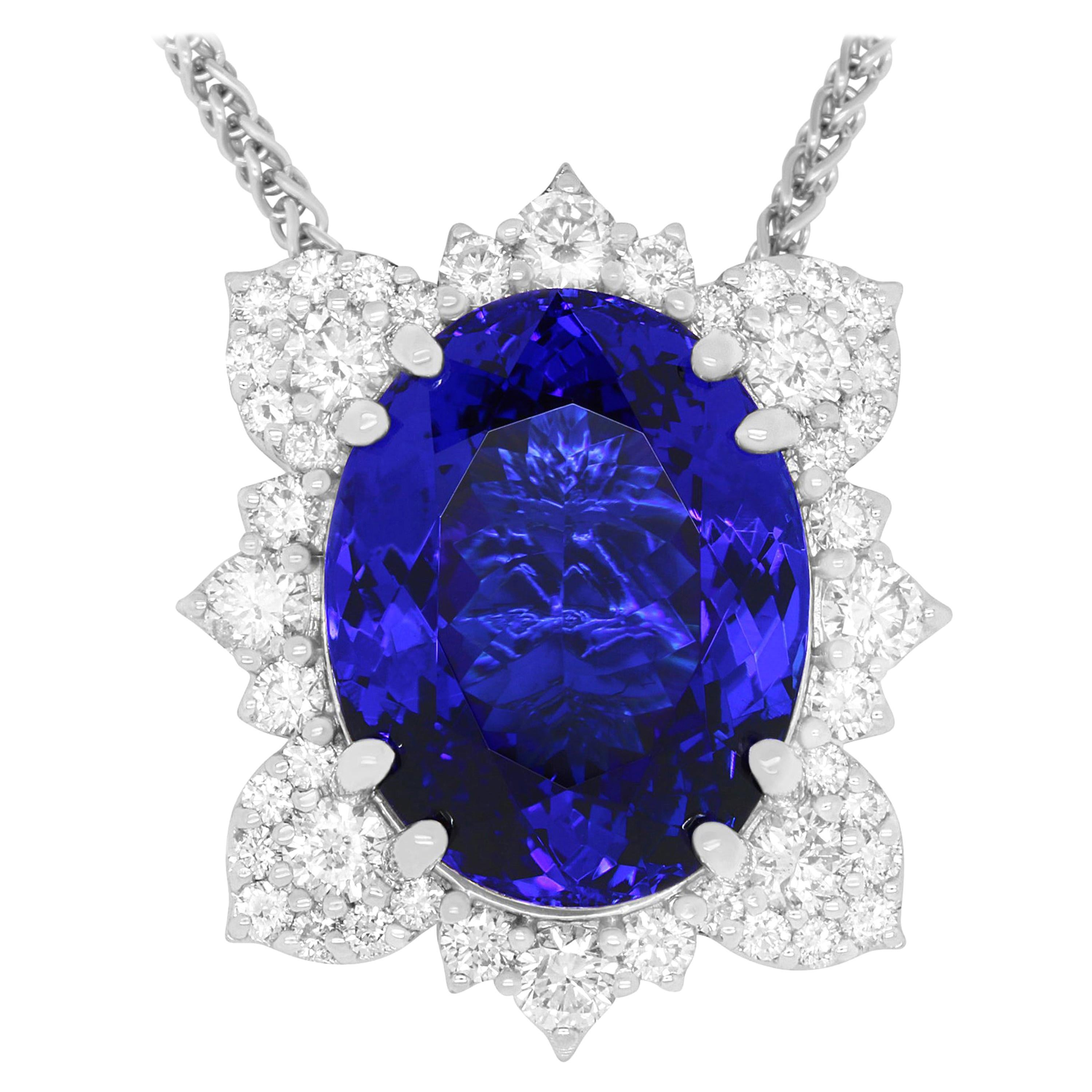 17.02 Carat Oval Shaped AAA Tanzanite and White Diamond Flower Pendant 18K Gold For Sale
