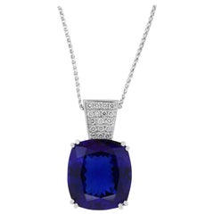 Cushion Cut Tanzanite Brilliant Round White Diamond Pendant 14k White Gold