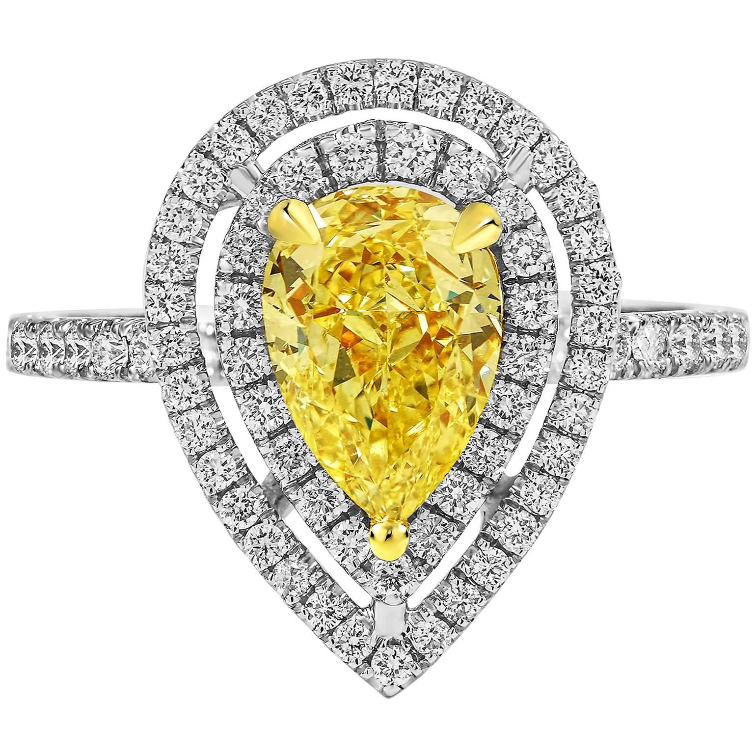 1.46 Carat Fancy Yellow Pear Shape Double Halo Diamond Pave Engagement Ring For Sale
