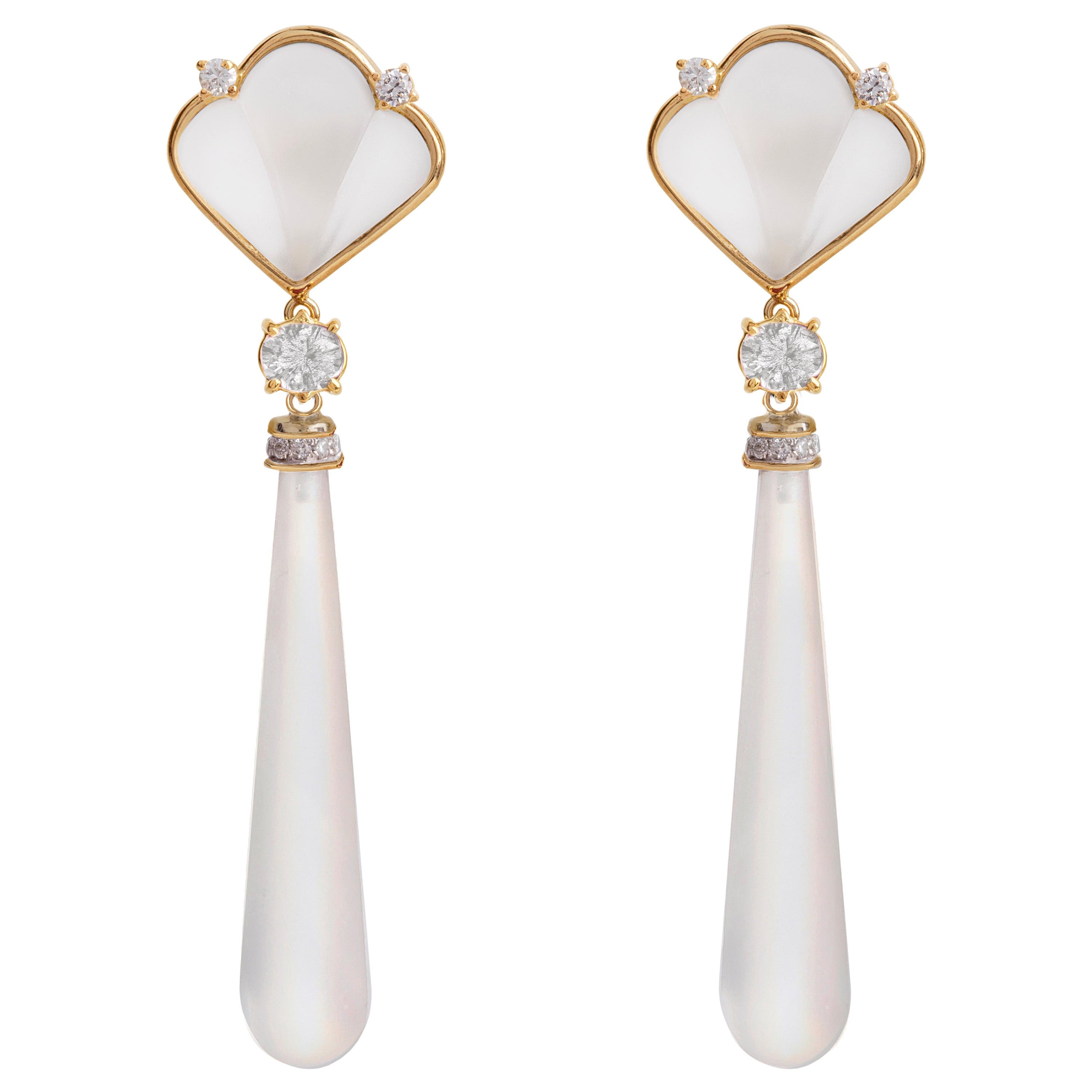 Rossella Ugolini Deco Style White Diamonds 18K Yellow Gold Rock Crystal Earrings For Sale