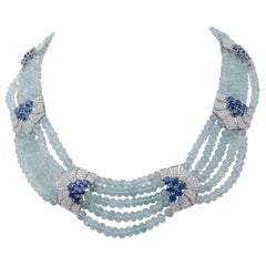 Aquamarine, Sapphires, Diamonds, 14 Karat White Gold Necklace