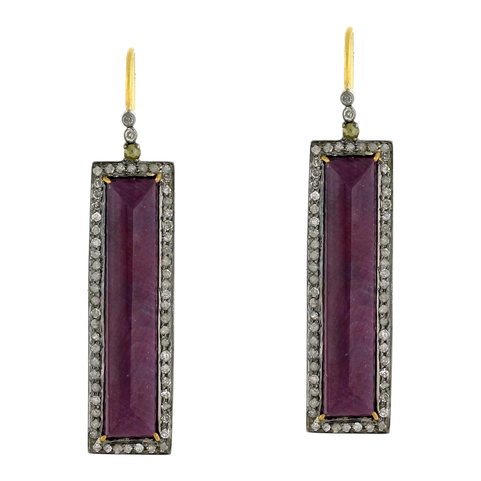 Rectangle Shaped Ruby Earrings Surrounded By Pave Diamonds In 18k Gold & Silver For Sale