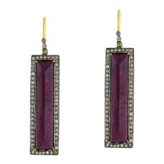 Rectangle Shaped Ruby Earrings Surrounded By Pave Diamonds In 18k Gold & Silver